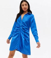 New Look Petite Blue Satin Ruched Tie Front Mini Shirt Dress